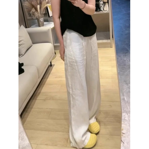 大碼白色苧麻直筒休閒褲女夏季薄胖mm寬松顯瘦高腰窄版亞麻濶腿褲