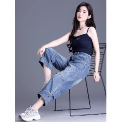 高級八分牛仔褲女夏季薄款小個子高品質寬松百搭直筒褲美式濶腿褲