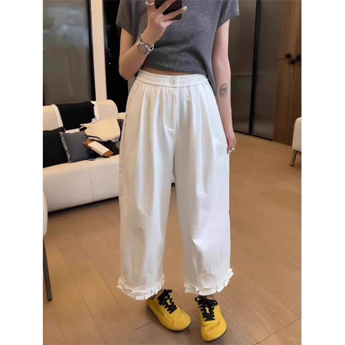 2025夏韓版甜美木耳邊拼接白色濶腿褲休閒高腰薄款寬松直筒九分褲