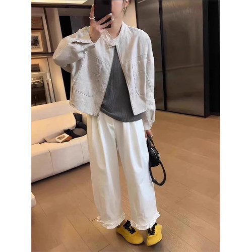 2025夏韓版甜美木耳邊拼接白色濶腿褲休閒高腰薄款寬松直筒九分褲