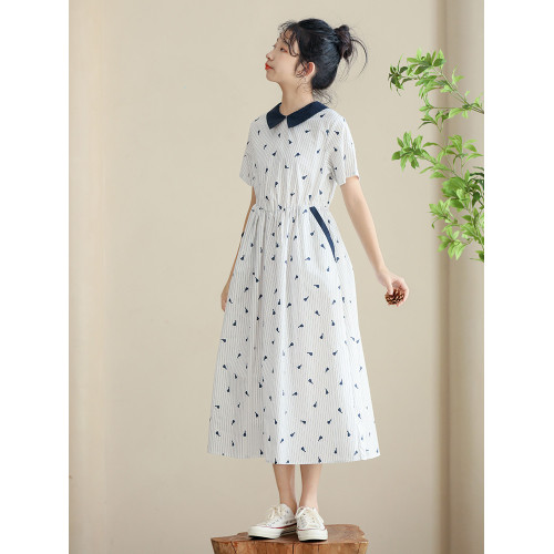 竪條紋純棉女童連衣裙2025新款夏裝初中生法式寬松口袋裙子小清新
