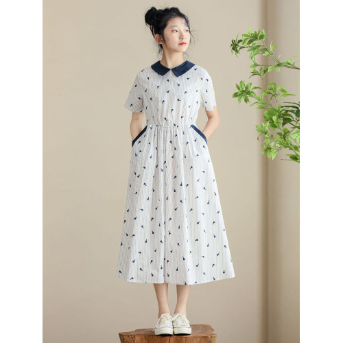 竪條紋純棉女童連衣裙2025新款夏裝初中生法式寬松口袋裙子小清新