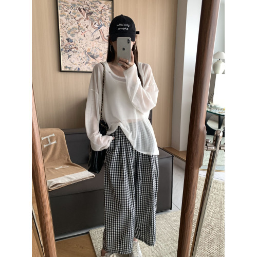 2025夏季女通勤設計感休閒褲百搭黑白格子松緊腰顯瘦濶腿褲九分褲