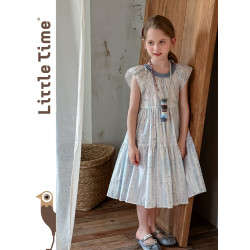 Little time女童連衣裙2025夏季新款兒童洋氣藍色碎花純棉連衣裙