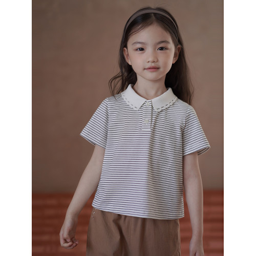哈齒童裝夏季薄款兒童針織上衣女童短袖T恤女孩花瓣領條紋POLO衫