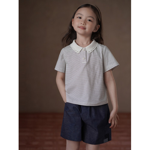 哈齒童裝夏季薄款兒童針織上衣女童短袖T恤女孩花瓣領條紋POLO衫