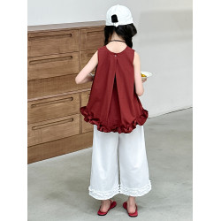 女童褲子夏季薄款洋氣寬松木耳花邊濶腿褲時髦娃娃衫九分褲兩件套