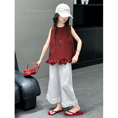 女童褲子夏季薄款洋氣寬松木耳花邊濶腿褲時髦娃娃衫九分褲兩件套