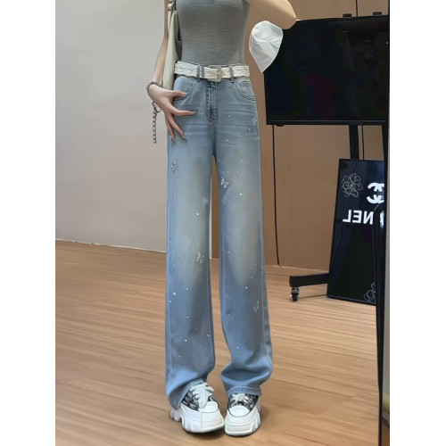 高級蝴蝶燙鑽牛仔褲女夏薄款高腰顯瘦窄版別致獨特淺色重工濶腿褲