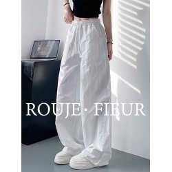 Rouje Fleur女夏季輕薄顯瘦遮肉濶腿褲胖mm高腰褶皺運動工裝褲
