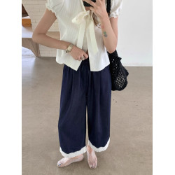 夏法式復古甜美蕾絲花邊拼接牛仔褲慵懶風垂感寬松顯瘦直筒濶腿褲