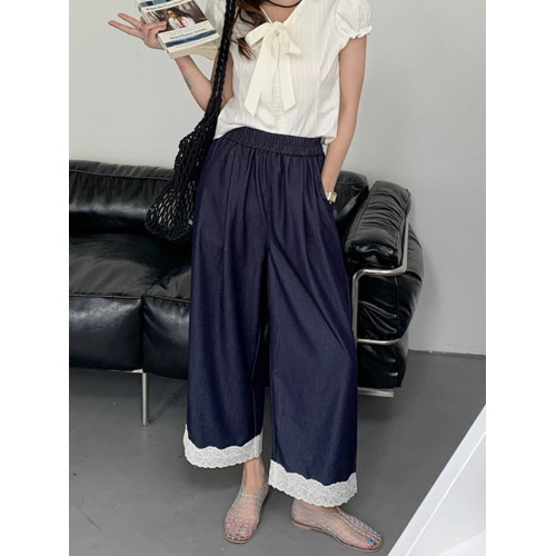 夏法式復古甜美蕾絲花邊拼接牛仔褲慵懶風垂感寬松顯瘦直筒濶腿褲