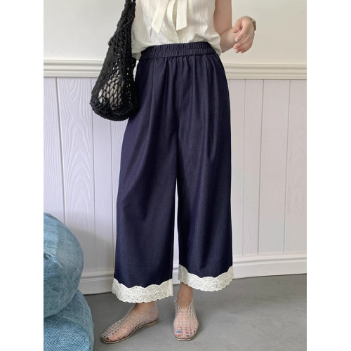 夏法式復古甜美蕾絲花邊拼接牛仔褲慵懶風垂感寬松顯瘦直筒濶腿褲