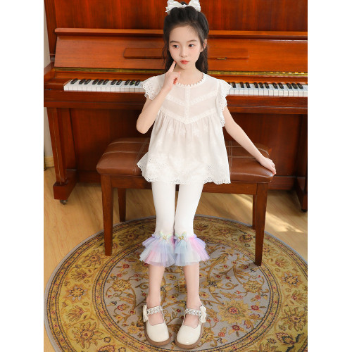 女童七分褲夏季薄款2025新款兒童洋氣彩虹蕾絲莫代爾打底褲小女孩