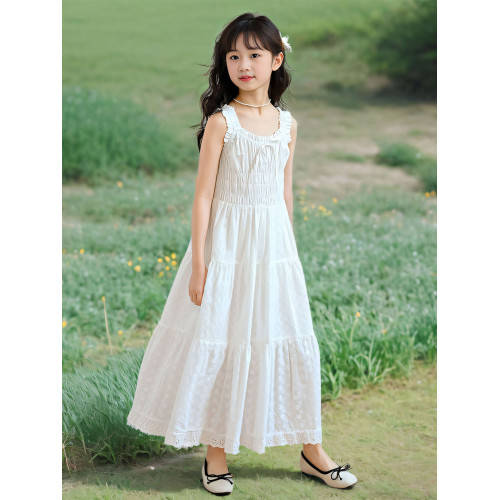 女童白色吊帶連衣裙夏裝新款女孩甜美高級感公主裙中大童超仙長裙