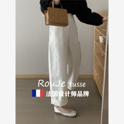Rouje tusse白色直筒褲濶腿褲女夏休閒褲慵懶松弛感九分褲西裝褲