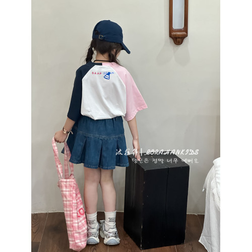 女童拼色卡通短袖小女孩印花T恤2025夏天兒童插肩上衣中大童半袖