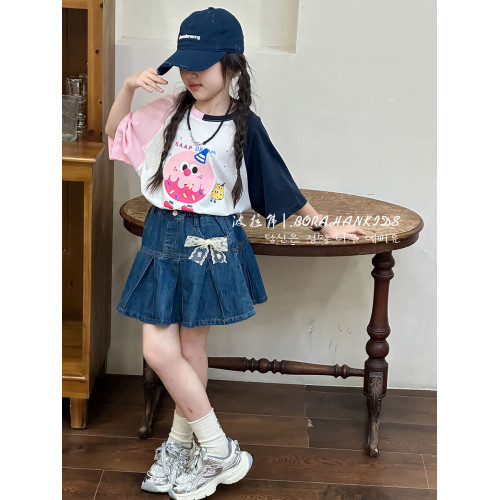 女童拼色卡通短袖小女孩印花T恤2025夏天兒童插肩上衣中大童半袖