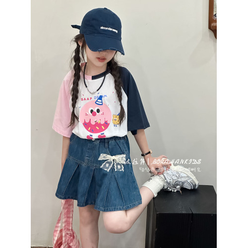 女童拼色卡通短袖小女孩印花T恤2025夏天兒童插肩上衣中大童半袖