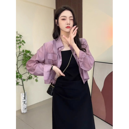 高級感灰色防曬襯衫女夏季配吊帶裙外搭開衫寬松薄款防曬衣上衣
