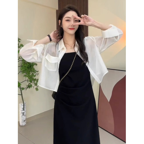高級感灰色防曬襯衫女夏季配吊帶裙外搭開衫寬松薄款防曬衣上衣