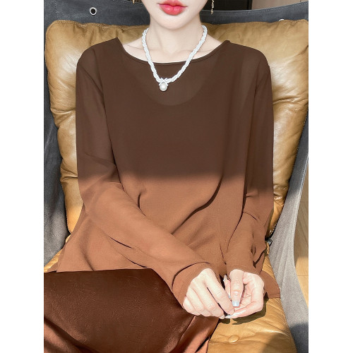 輕盈微透氣質長袖T恤女夏季寬松休閒圓領喬其紗罩衫防曬衣配裙子