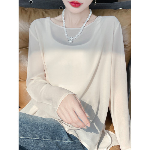 輕盈微透氣質長袖T恤女夏季寬松休閒圓領喬其紗罩衫防曬衣配裙子