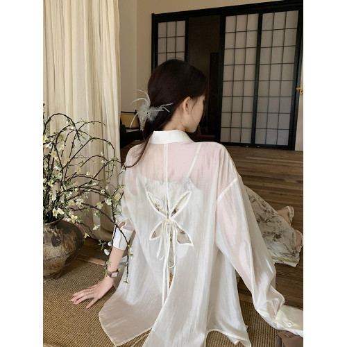 蝴蝶結鏤空防曬衣女2025夏季新款外搭開衫白色輕薄款顯瘦襯衫外套