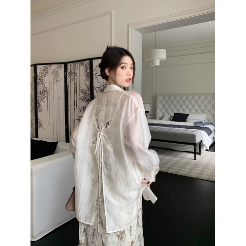 蝴蝶結鏤空防曬衣女2025夏季新款外搭開衫白色輕薄款顯瘦襯衫外套