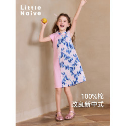 Little Naive女童中式連衣裙夏季新款撞色旗袍裙兒童甜美碎花裙