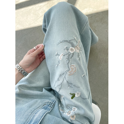 高級新中式刺綉牛仔褲女夏薄款國風小個子九分直筒顯瘦綉花濶腿褲