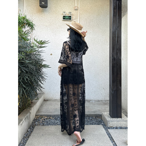 夏季海邊沙灘外披防曬衣開衫女超長款蕾絲網紗比基尼泳衣外搭罩衫