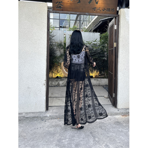 夏季海邊沙灘外披防曬衣開衫女超長款蕾絲網紗比基尼泳衣外搭罩衫