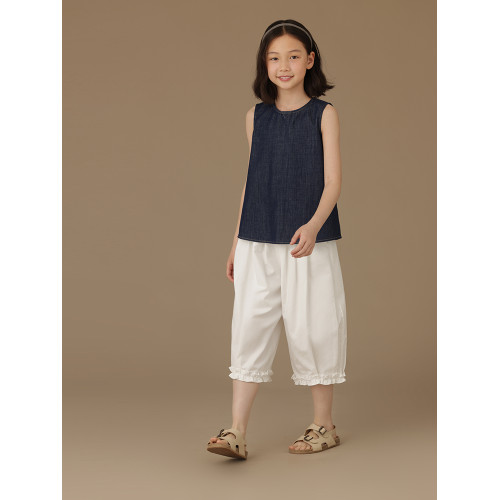 哈齒童裝兒童白色休閒褲高級感百搭寬松木耳邊七分褲長褲女童夏季