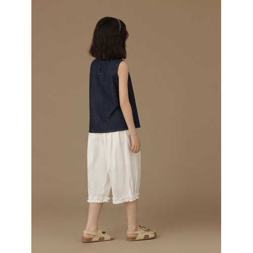 哈齒童裝兒童白色休閒褲高級感百搭寬松木耳邊七分褲長褲女童夏季