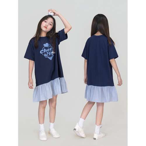 女童格子拼接短袖連衣裙子2025夏款中大童圓領印花T恤裙假兩件裙