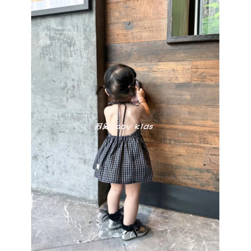 女童夏季連衣裙2025新款韓版童裝掛脖露背吊帶裙寶寶格子背心裙子