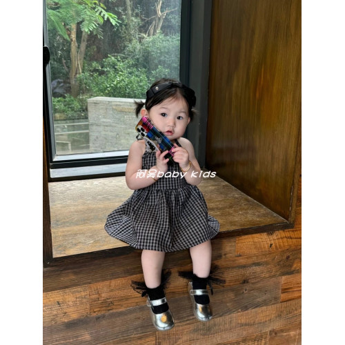 女童夏季連衣裙2025新款韓版童裝掛脖露背吊帶裙寶寶格子背心裙子