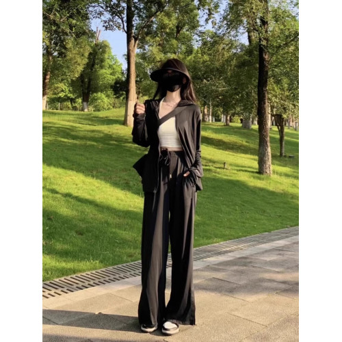 黑色冰感防曬衣休閒運動服套裝女夏大碼胖mm寬松跑步時尚兩件套