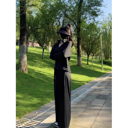 黑色冰感防曬衣休閒運動服套裝女夏大碼胖mm寬松跑步時尚兩件套