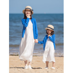 小樂往親子裝122課 春秋藍色棉開衫海邊草原度假拍照寫真母女外套