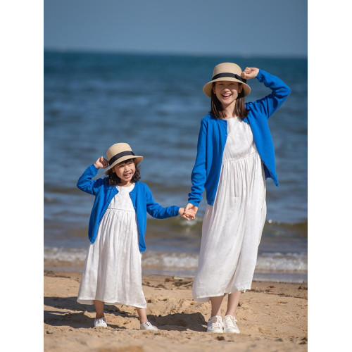 小樂往親子裝122課 春秋藍色棉開衫海邊草原度假拍照寫真母女外套