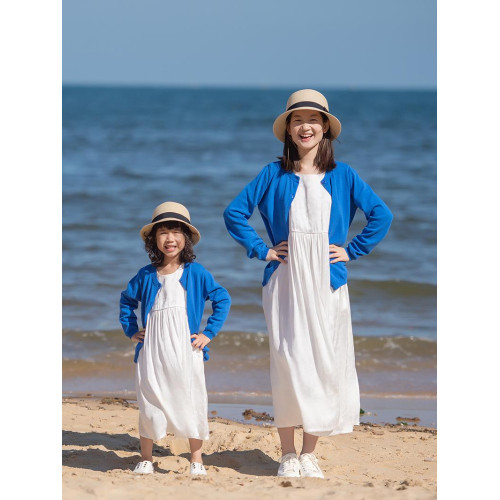 小樂往親子裝122課 春秋藍色棉開衫海邊草原度假拍照寫真母女外套