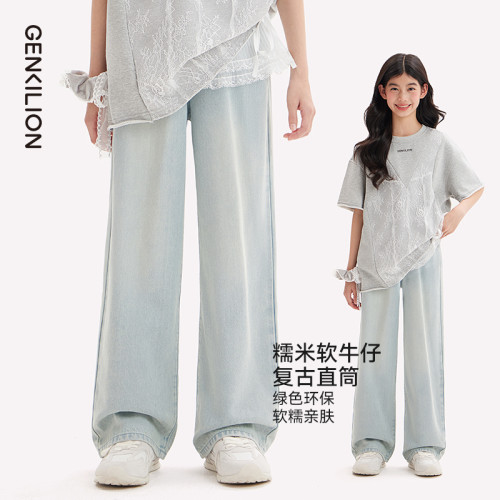 女童牛仔褲夏季2025初中生兒童復古軟牛仔濶腿褲中大童外穿休閒褲