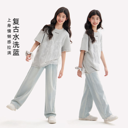 女童牛仔褲夏季2025初中生兒童復古軟牛仔濶腿褲中大童外穿休閒褲