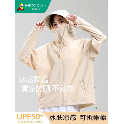 稻草人冰絲防曬衣女士2025新款夏季大帽簷防曬服UPF50+薄款男外套