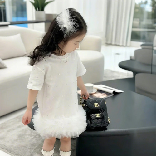 女童連衣裙夏季2025新款洋氣小女孩甜美網紗拼接感短袖T恤公主裙