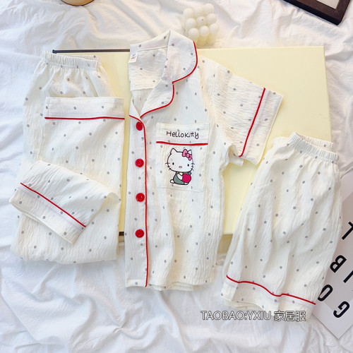 hellokitty兒童雲朵棉短袖開衫睡衣女童夏季薄款三件套大童親子裝