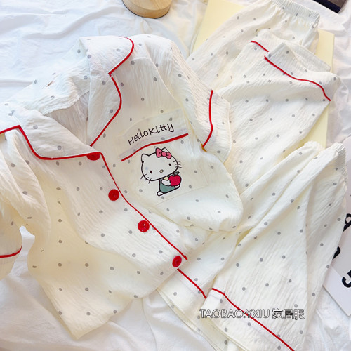 hellokitty兒童雲朵棉短袖開衫睡衣女童夏季薄款三件套大童親子裝