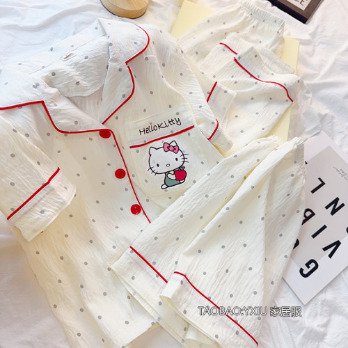 hellokitty兒童雲朵棉短袖開衫睡衣女童夏季薄款三件套大童親子裝